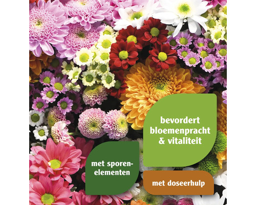 Close-up van bloemen met productinformatie over sporenelementen en vitaliteit