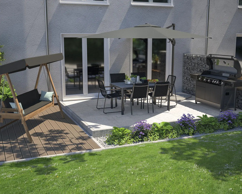 Terras met tuinbarbecue, tuinmeubilair en schommel