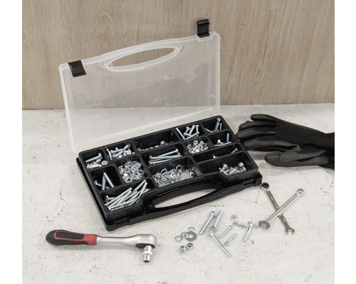 Assortimentsdoos met schroeven, moeren, ringen, ratelsleutel, steeksleutel en werkhandschoenen