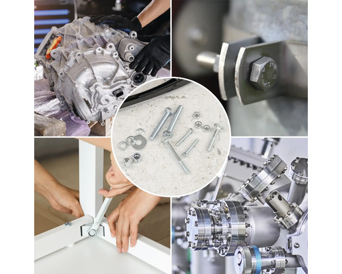 Montagecollage met diverse mechanische en bevestigingselementen.