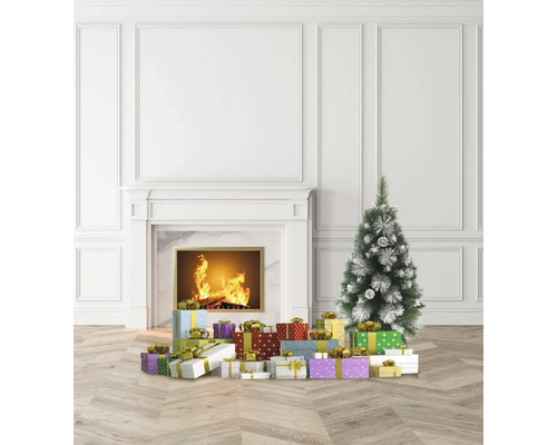 Kerstscène met open haard, kerstboom en cadeaus