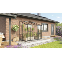 Kas met planten op een terras naast een woonhuis.