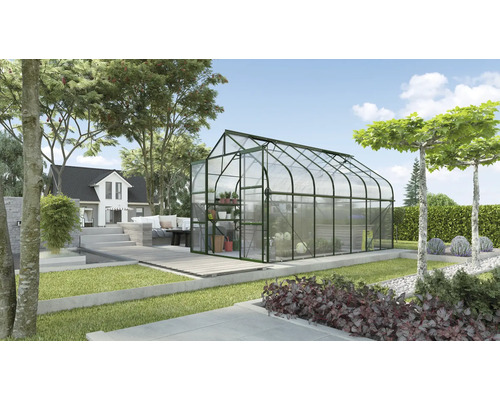 Tuinkas met plantenrekken en tuingereedschap