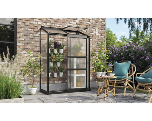 Metalen en kunststof serre met planten op een terras