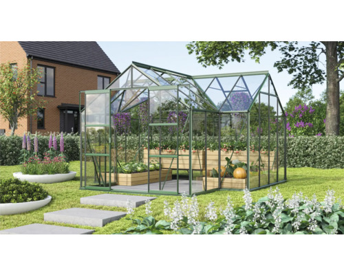 Tuinkas met planten in houten bakken