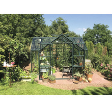 Kas met planten op een terras in de tuin