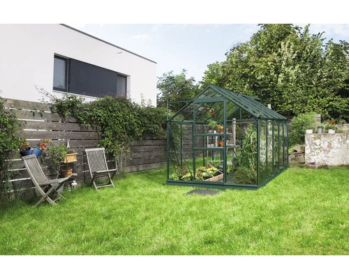 VITAVIA Broeikas Venus 6200 enkel veiligheidsglas 3 mm 195x321 cm groen Tuinkas in de tuin met planten en tuinmeubelen
