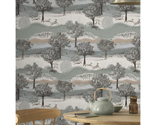 Behang met bomen en herten in bosmotief