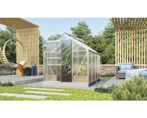 VITAVIA Kweekkas Venus 5000 aluminium met kanaalplaten 6 mm 195 x 257 cm Kas in de tuin met hangmand en zithoek