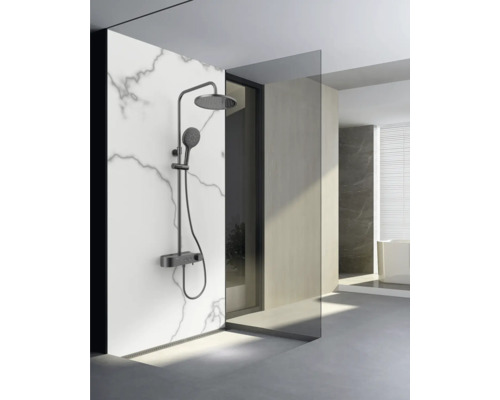 Douchesysteem met hoofd- en handdouche in een moderne badkamer.