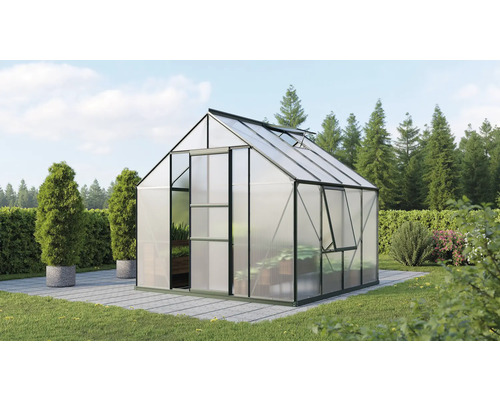 VITAVIA Tuinkas Meridian 1 6700 polycarbonaat 4 mm smaragd, 257x258x231,8 cm Tuinkas met open ramen en deur in de tuin.