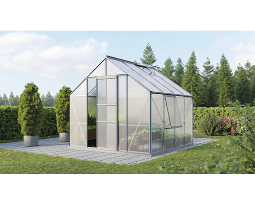 VITAVIA Tuinkas Meridian 1 6700 polycarbonaat 4 mm alu, 257x258x231,8 cm Serre met uitzetramen en schuifdeur in de tuin