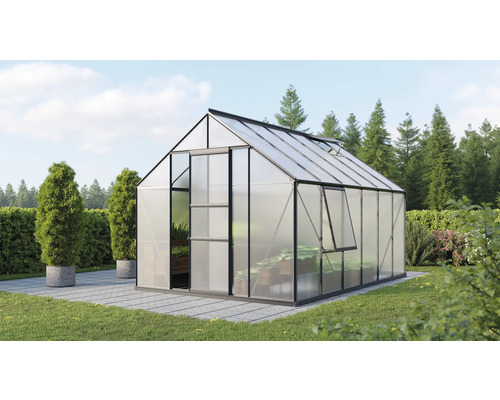VITAVIA Tuinkas Meridian 1 9900 polycarbonaat 6 mm zwart, 257x383x231,8 cm Tuinkas met open raam en deur in de tuin