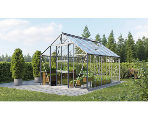 VITAVIA Tuinkas Meridian 1 9900 veiligheidsglas 3 mm alu, 257x383x231,8 cm Glazen kas in de tuin met planten
