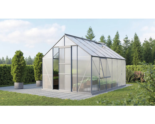 VITAVIA Tuinkas Meridian 1 9900 polycarbonaat 4 mm alu, 257x383x231,8 cm Kas in de tuin met open raam en schuifdeur
