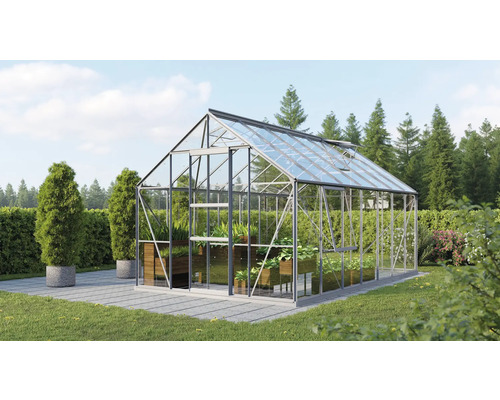 VITAVIA Tuinkas Meridian 1 11500 veiligheidsglas 3 mm alu, 257x445x231,8 cm Kas met planten in een tuin
