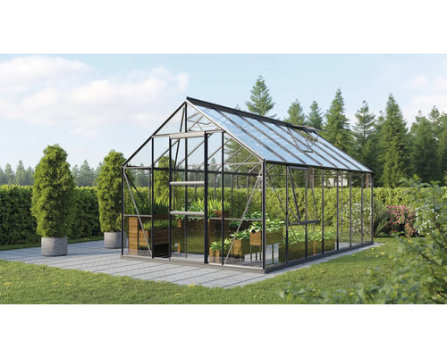 VITAVIA Tuinkas Meridian 1 11500 veiligheidsglas 3 mm zwart, 257x445x231,8 cm Kas met planten in een tuin