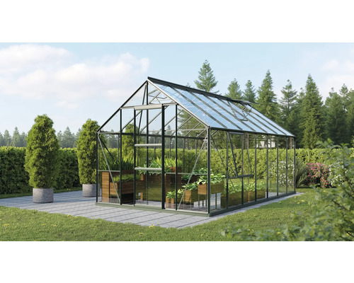 VITAVIA Tuinkas Meridian 1 11500 veiligheidsglas 3 mm smaragd, 257x445x231,8 cm Kas met planten in een tuin