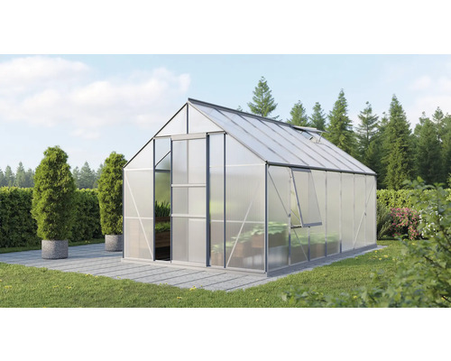 VITAVIA Tuinkas Meridian 1 11500 polycarbonaat 6 mm alu, 257x445x231,8 cm Kas op een terras met planten en bomen op de achtergrond