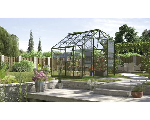 VITAVIA Tuinkas Jupiter 6700 veiligheidsglas 3 mm smaragd, 257x258x247,9 cm Kas in de tuin met planten en tuinmeubelen op het terras.