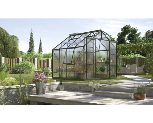 VITAVIA Tuinkas Jupiter 6700 polycarbonaat 6 mm smaragd, 257x258x247,9 cm Tuinkas in de tuin met planten en tuinmeubelen