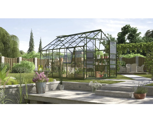 VITAVIA Tuinkas Jupiter 9900 veiligheidsglas 3 mm smaragd, 257x383x247,9 cm Tuinkas met planten op planken