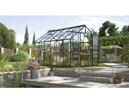 VITAVIA Tuinkas Jupiter 9900 veiligheidsglas 3 mm zwart, 257x383x247,9 cm Tuinkas met plantenrekken in de tuin