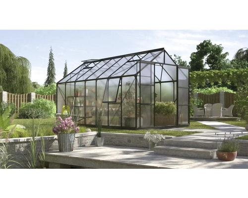 VITAVIA Tuinkas Jupiter 11500 polycarbonaat 4 mm zwart, 257x445x247,9 cm Tuinkas met planten in de tuin.