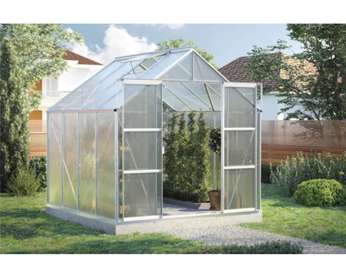 VITAVIA Kweekkas Uranus 6700 aluminium met kanaalplaten 6 mm 257 x 258 cm Tuinkas met open deuren in een tuin
