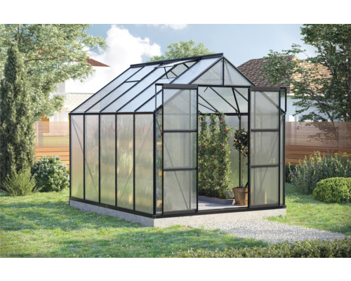 VITAVIA Kweekkas Uranus 8300 aluminium met kanaalplaten 4 mm 257 x 321 cm Serre met openstaande deur in de tuin