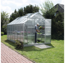 Kas met persoon, planten en rekken in de tuin.