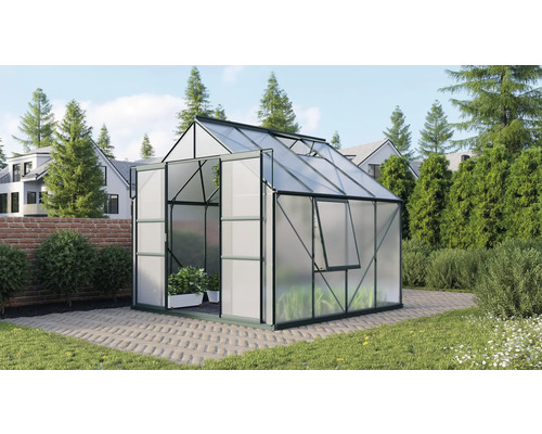 VITAVIA Tuinkas Meridian 2 6700 polycarbonaat 6 mm smaragd, 257x258x231,8 cm Tuinkas met open deur en raam in een tuin