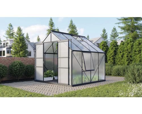 VITAVIA Tuinkas Meridian 2 6700 polycarbonaat 6 mm zwart, 257x258x231,8 cm Kas met open deur en raam in de tuin.
