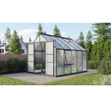 Kas met open deur en raam in de tuin.