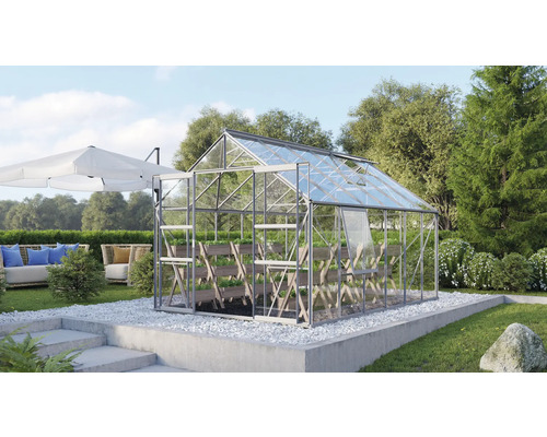VITAVIA Tuinkas Meridian 2 9900 veiligheidsglas 3 mm alu, 257x383x231,8 cm Tuinkas in tuin met beplanting en tuinmeubelen