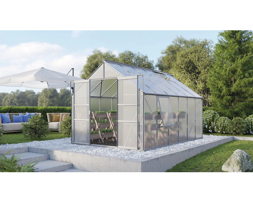 VITAVIA Tuinkas Meridian 2 9900 polycarbonaat 6 mm alu, 257x383x231,8 cm Kas met open deur en beplante plank in de tuin