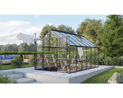 VITAVIA Tuinkas Meridian 2 9900 veiligheidsglas 3 mm zwart, 257x383x231,8 cm Kas met planken in een tuin