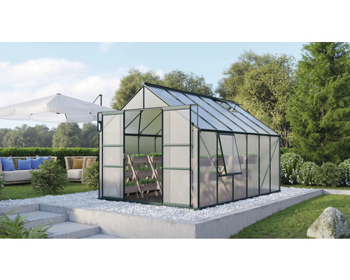 VITAVIA Tuinkas Meridian 2 9900 polycarbonaat 6 mm smaragd, 257x383x231,8 cm Kas met open deur in de tuin