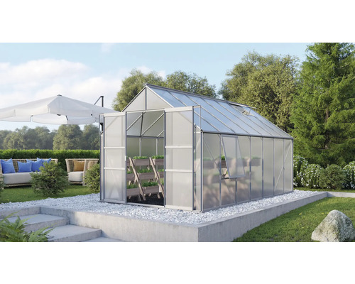 VITAVIA Tuinkas Meridian 2 11500 polycarbonaat 6 mm alu, 257x445x231,8 cm Tuinkas met open deur in een tuin met gazon en zithoek