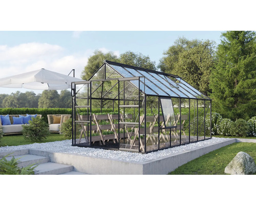 VITAVIA Tuinkas Meridian 2 11500 veiligheidsglas 3 mm zwart, 257x445x231,8 cm Kas met glazen wanden en schappen in de tuin.