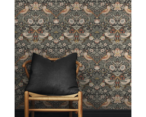 Behang met vogel- en bloemmotief op een donkere achtergrond