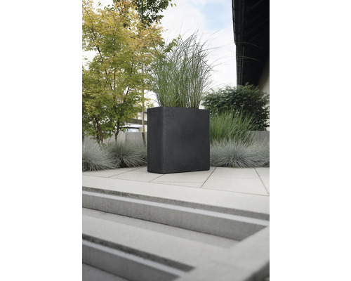 Vierkante plantenbak van steen met beplanting buitenshuis.