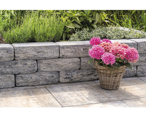 Tuinmuur met planten en bloemen in een mand