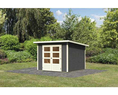 Tuinhuis met dubbele deur en plat dak in de tuin