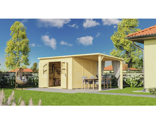 KONSTA Tuinhuis Baltrum 2 incl. vloer en overkapping onbehandeld, 566x289 cm Houten tuinhuis met open deuren, fiets en gereedschap binnenin, en een aangrenzende overdekte zithoek met tafel en stoelen in de tuin