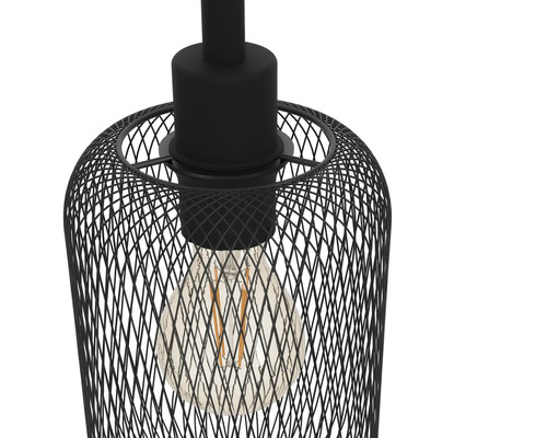Hanglamp met zwarte metalen draadkooi en gloeilamp