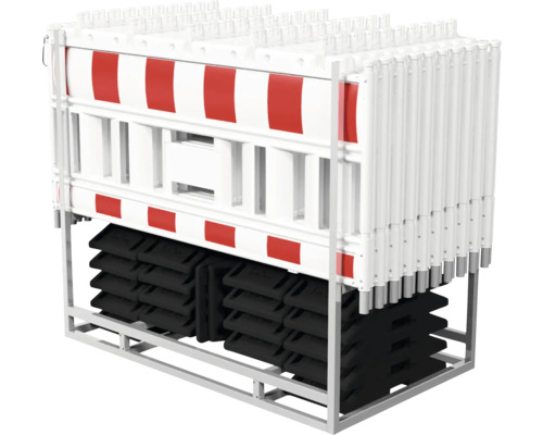 Meerdere rood-wit gestreepte bouwhekken op een transportframe met zwarte rubberen voeten.