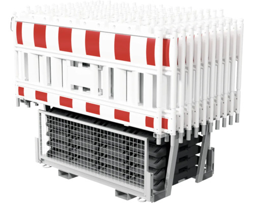 Meerdere bouwhekken met voetplaten op een roosterpallet voor transport.