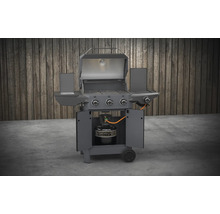 Gasbarbecue met open deksel en gasfles in de onderkast