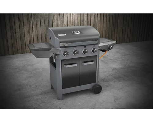 Gasbarbecue met vier branders, opbergruimtes, onderkast en wielen